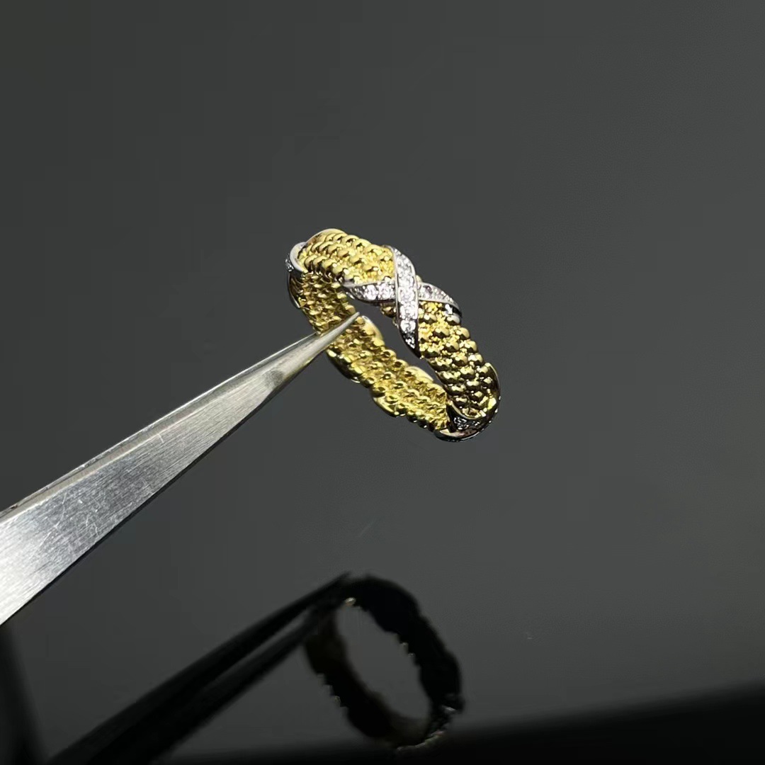 T家高版本V金欧美重工时尚交叉X分色珠戒指女小众设计高级感饰品