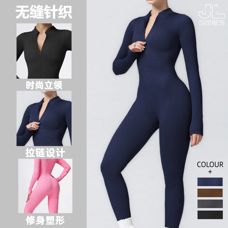 Cross-border zipper long seamless jumpsuit Pilates fitness stand collar fashion yoga suit can wear tights women