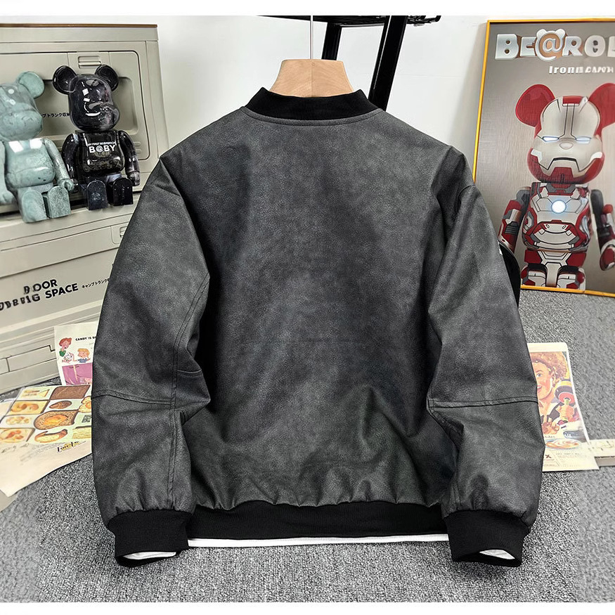 Cuero PU estilo americano de moda de calle alta chaqueta de cuello de béisbol hombre chaqueta con cremallera suelta chaqueta casual