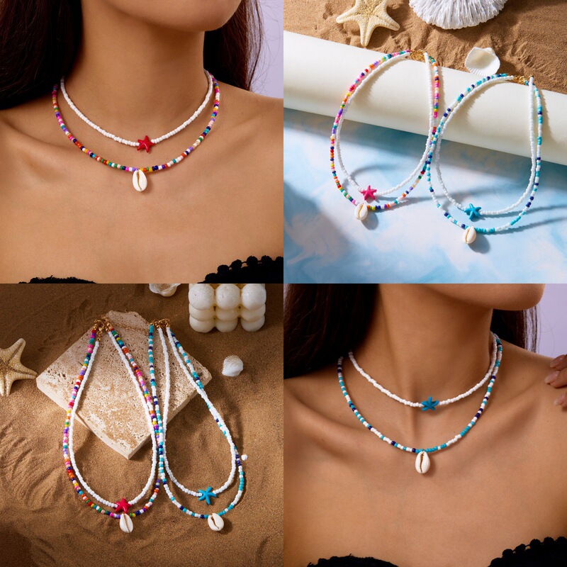 European and American Bohemian Style Shell Pendant Colorful Rice Beads Beaded Irregular Gravel Necklace Personalized Fashion Women