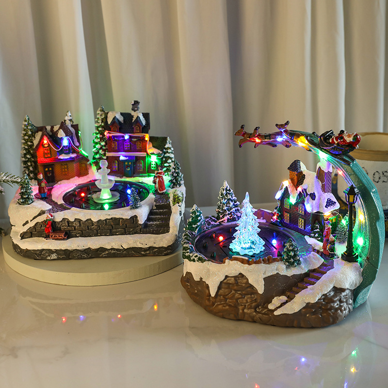 Navidad caja de música luminosa con concierto spray agua giratoria adornos resina regalo decoraciones