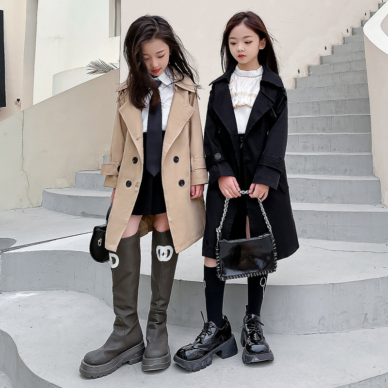 Women's Windbreaker 2023 New Style Trendy Spring and Autumn Children's Clothing Kids Medium and Long Length British Style Jacket Trendy Big Children Spring Outfit