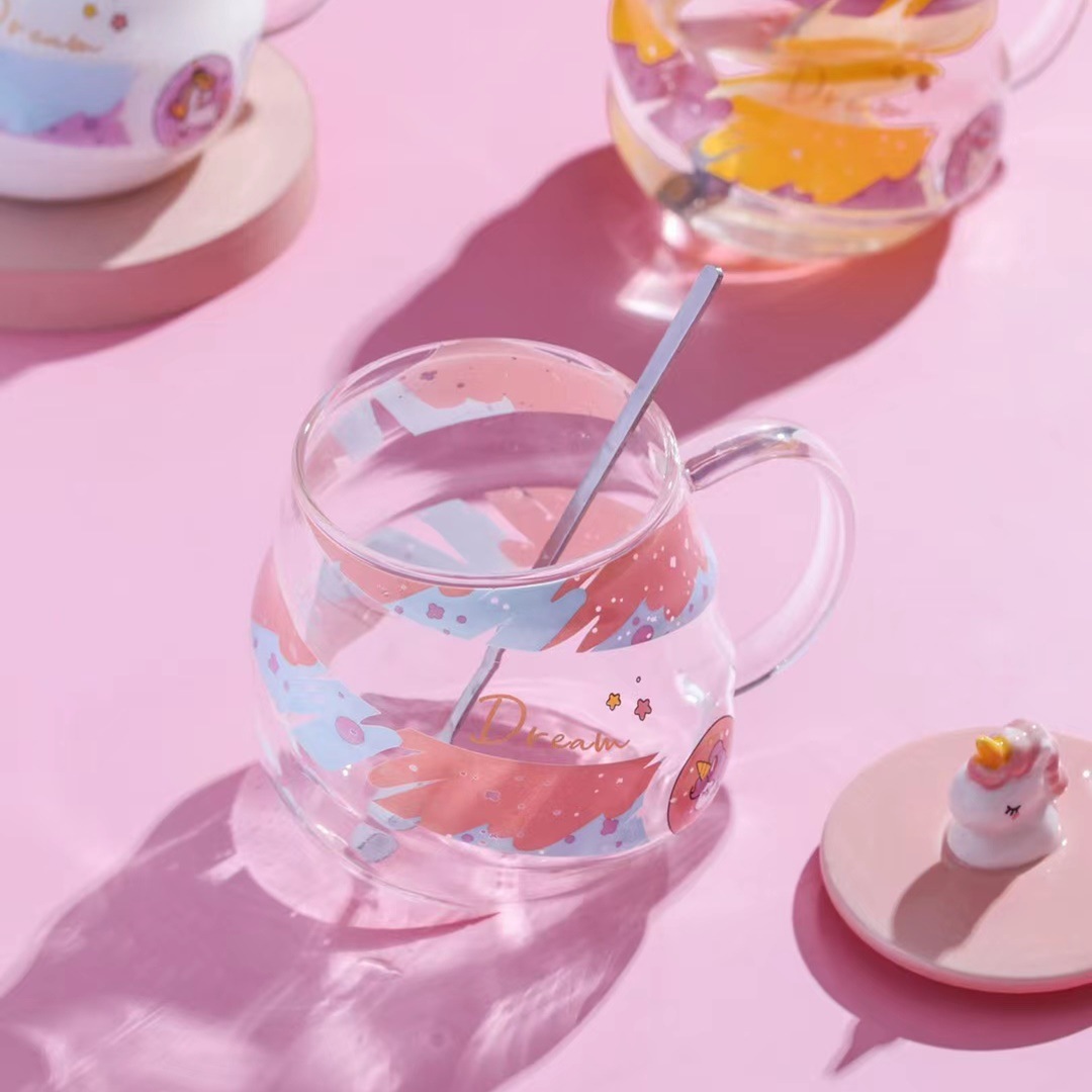 Creativo espiral taza unicornio 3D taza de dibujos animados con tapa cuchara vidrio transparente taza de agua taza de la Oficina