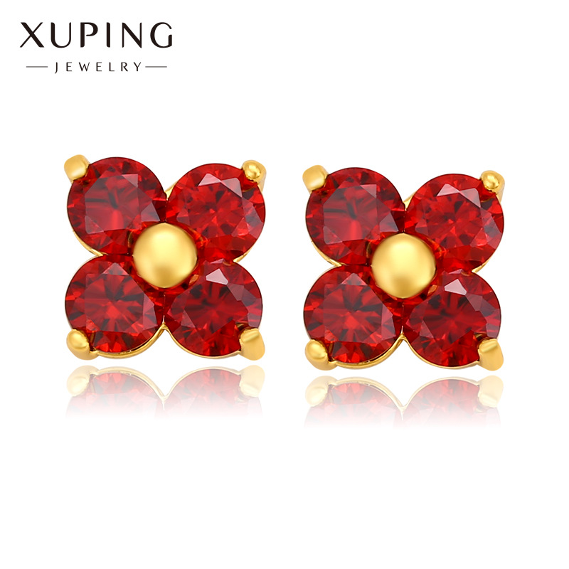 Xuping joyería de cuatro hojas gemas flores rojas pernos de orejas para mujeres coreanas pequeñas frescas de arroz dulce joyería de orejas compacta al por mayor