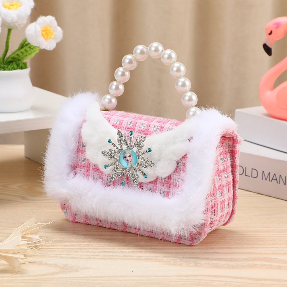 Mochila para niños otoño y invierno moda bolsa de hombro pequeña bolsa de princesa de viento de peluche cuentas de mano princesa de viento