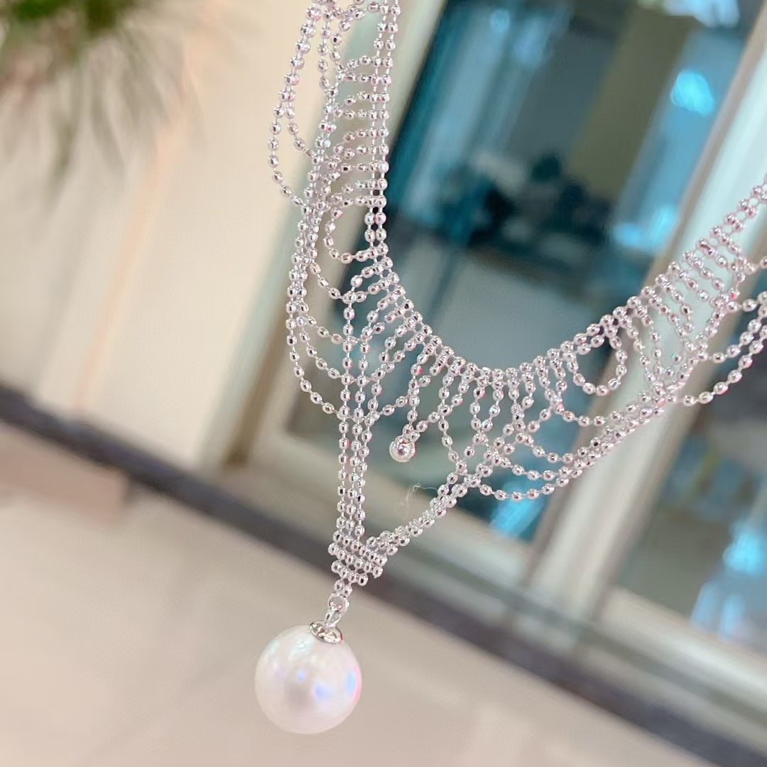Colar de pérolas elegante com borla de renda estilo francês_voghion.com