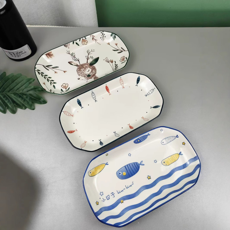 Japanese-style Underglaze Ceramic Fish Plate Household Steamed Fish Plate Internet Red Ceramic Cut-off Fish Plate Rectangular Sushi Plate