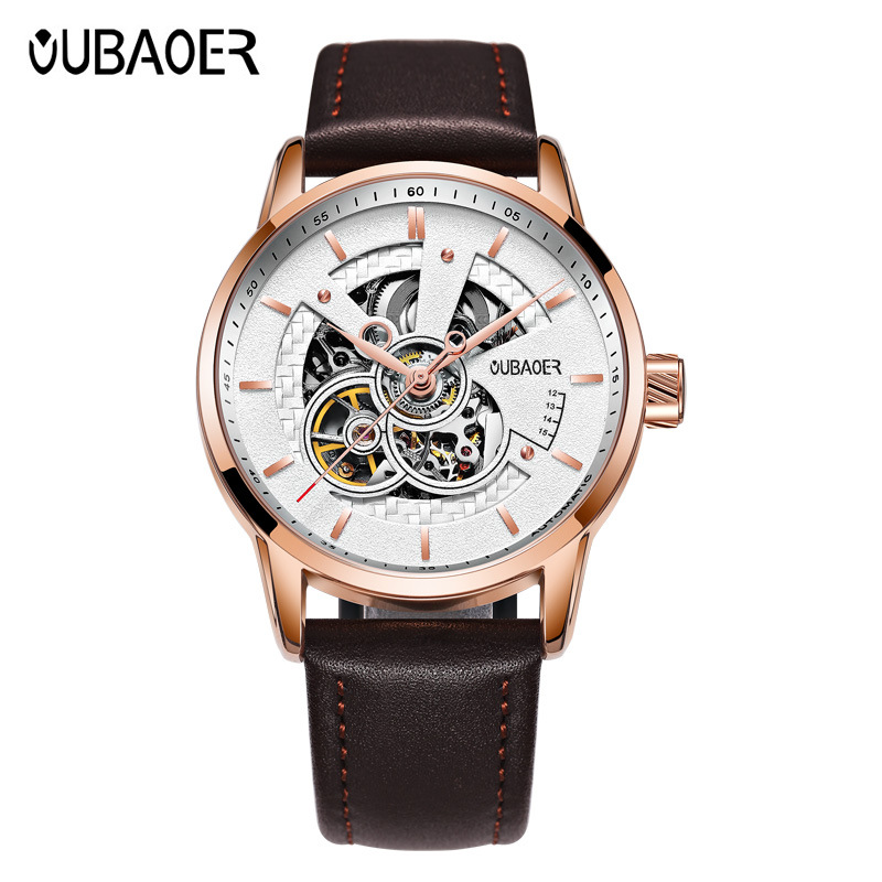 OUBAOER brand mechanical hollowed out waterproof leather watch with lare dial, fashionable and trendy watch, hot_voghion.com