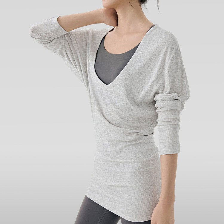 Large U-Neck Pilates Training Sports Blouse for Women Covering Buttocks, Lazy Loose Bat-Sleeve Long-Sleeved Yoga Top