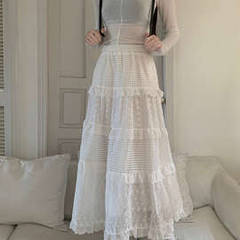 白色芭蕾风半身裙女装秋季2023新款裙子小个子蕾丝蛋糕裙a字长裙