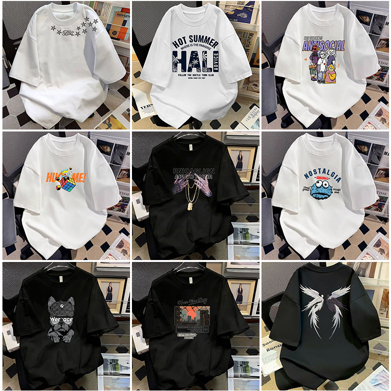 Pure Cotton Short-Sleeved T-Shirt Men's Summer Loose Round Neck Printed High Street Trendy Base Shirt Wholesale Cross-Border