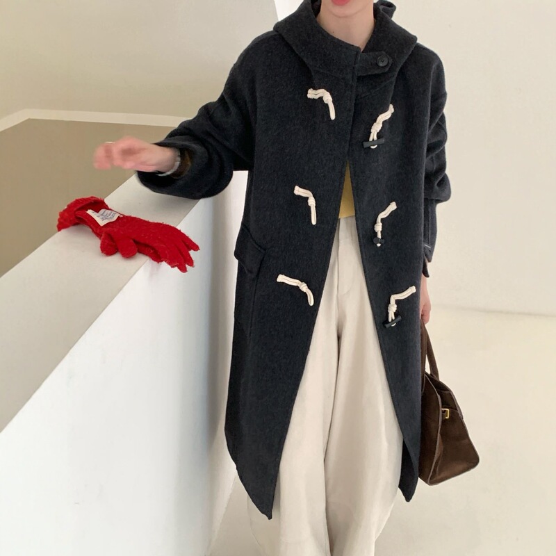 [Heirs] Korean Style Double-Sided Wool Coat with Horn Buttons for Women, 2025 Autumn and Winter College Style Versatile Outerwear for Women