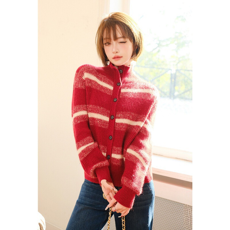 Jomi Christmas and New Year Red Wool Knit Sweater with Festive Vibe, Color-Blocking Stripes, Thick and Loose-Fitting Lazy Sweater
