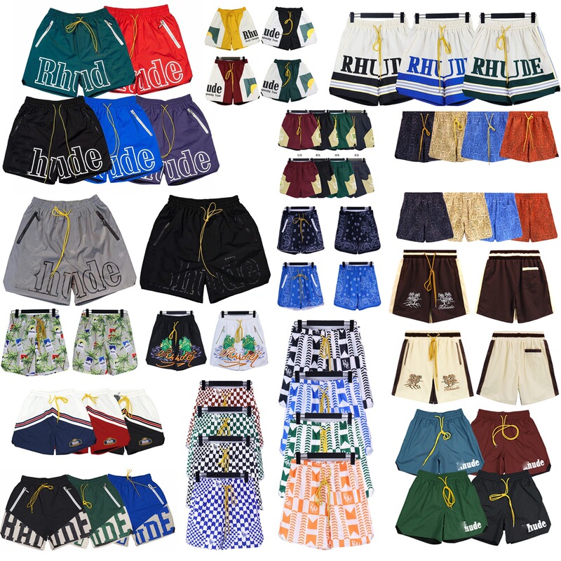Cross-Border Foreign Trade In-Stock Rhude Shorts with Letter Print, Casual Color-Blocking, Loose High Street Fashion Brand, Five-Point Beach Shorts