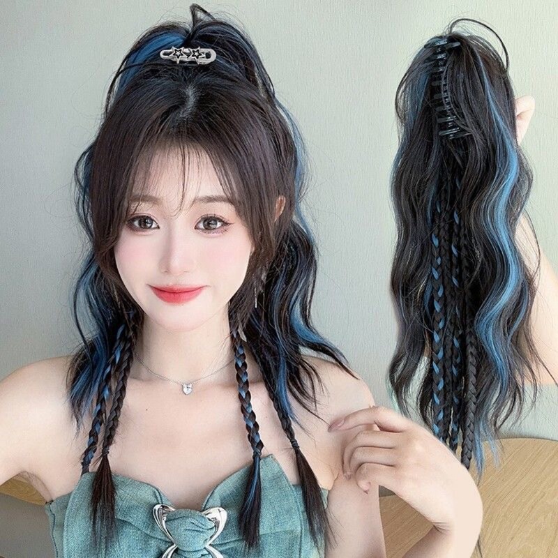 Wig Braid Highlight Dye Color High Pony Tail Sweet Cool Girl Grab Clip Boxing Braid Half Tie Hair Braid y2k Braid
