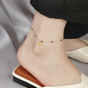 New vintage green stone shell anklet plated 18K gold titanium steel explosion new Chinese light luxury high sense gift anklet