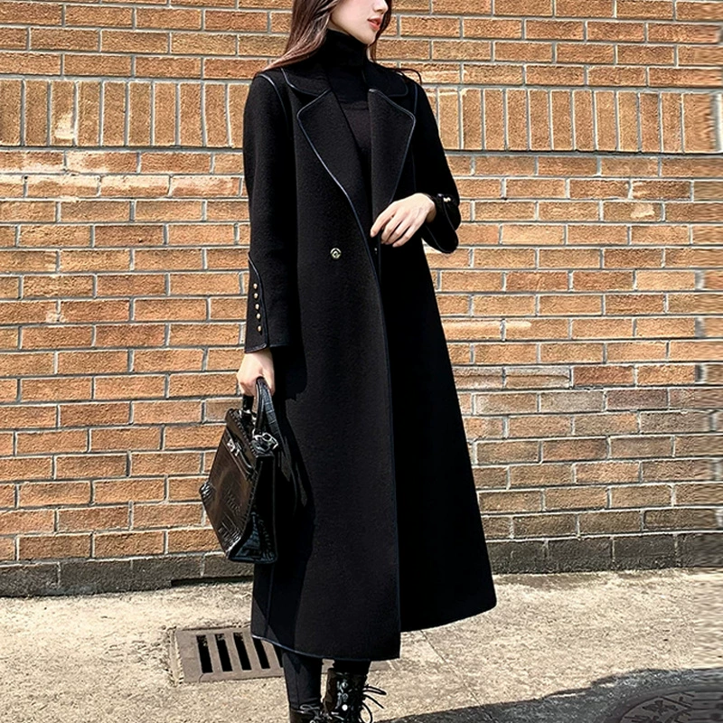 Двустороннее кашемировое пальто осенне-зимнее новое длинное шнуровка в стиле Helbern темперамент тонкое шерстяное пальто для женщин