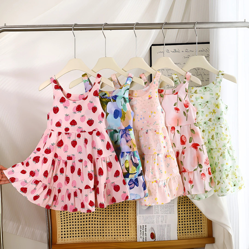 New Style Girls' Cotton Silk Dress, Summer Thin Princess Dress, Floral Dress, Stylish Suspender Dress for Girls, Wholesale New Style Girls' Cotton Silk Dress, Summer Thin Princess Dress, Floral Dress, Stylish Suspender Dress for Girls, Wholesale