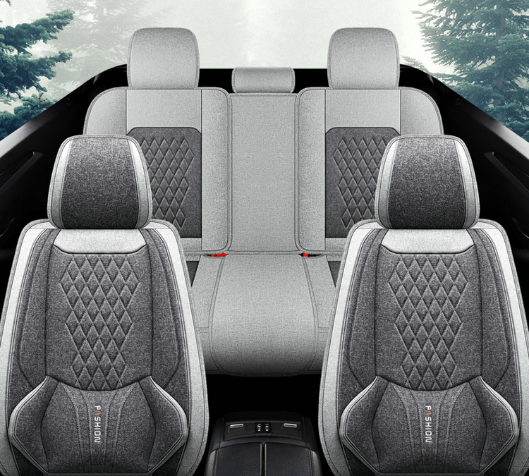 L5U Fully Enclosed Breathable Seat Cushion Cover Linen Fabric Car Seat Cover Full Set for Five Seats in the Car All-Season Car Seat Cushion