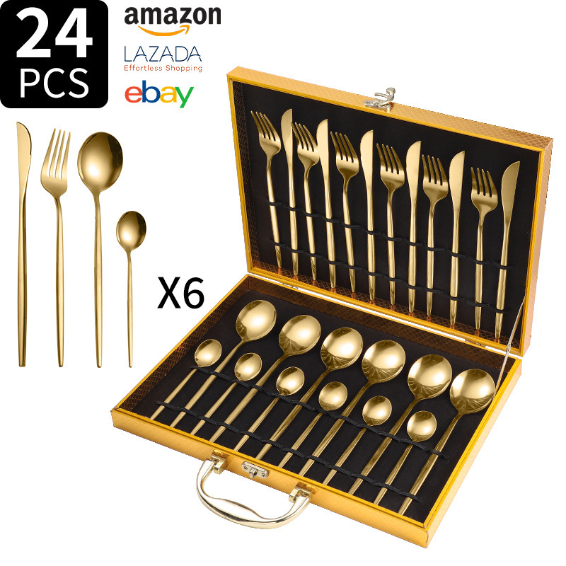 Juego de cuchillo y tenedor de comida occidental portuguesa de acero inoxidable de Amazon transfronterizo Juego de 24 piezas de bistec, cuchillo, tenedor, cuchara, cuchara, juego de cuchara de postre