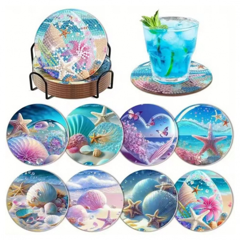 Ventas transfronterizas calientes de 8 piezas de conjunto de cojín de taza de arte de diamante, con soporte, pequeño conjunto de pintura de diamante, adecuado para adultos