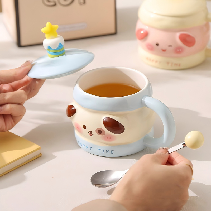Caricatura encantadora taza de cerámica de animales, taza de regalo de cumpleaños para niñas, taza de pastel sandwich con cucharas de cubierta image 4