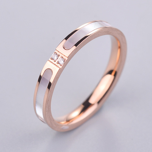 Korean style titanium steel micro-paved double diamond white mother-of-pearl ring for women 18k rose gold index finger, personalized, fashionable and versatile ring