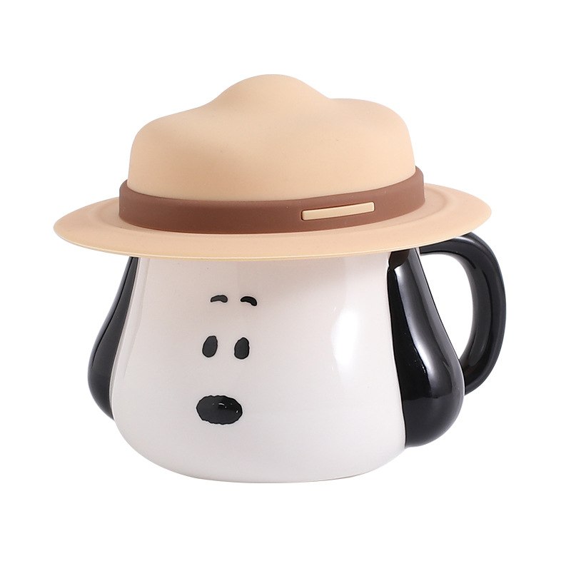 Taza creativa con forma de sombrero de paja de Snoopy con tapa, taza de cerámica auténtica con asa, taza de desayuno, taza de café, regalo al por mayor