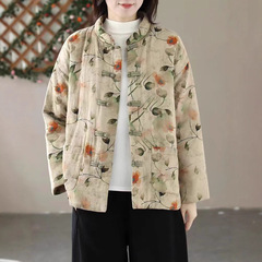 2025秋冬款复古中式盘扣印花棉衣女立领加衬夹棉保暖棉服加厚外套