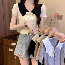 冰丝针织衫短袖t恤女夏季2024新款法式小香风镂空感短款上衣