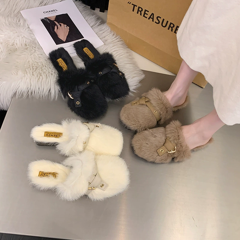 Little Xiangfeng плоский шерстяной пол-тапочки женская внешняя одежда 2024 осень и зима новая маленькая мода Baotou универсальный тапочки