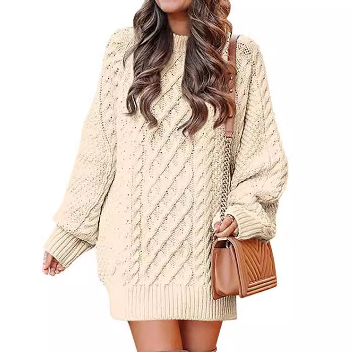 European and American Clothing Round Neck Long Sleeve Oversized Cable Knitted Thick Needle Pullover Mid-Length Warm Sweater Women's Dress