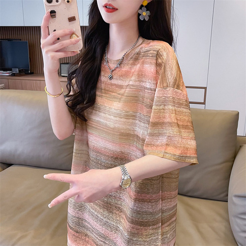 95% polyester, 5% spandex, exclusively for European size, Heyin tie-dye striped short-sleeve T-shirt for women