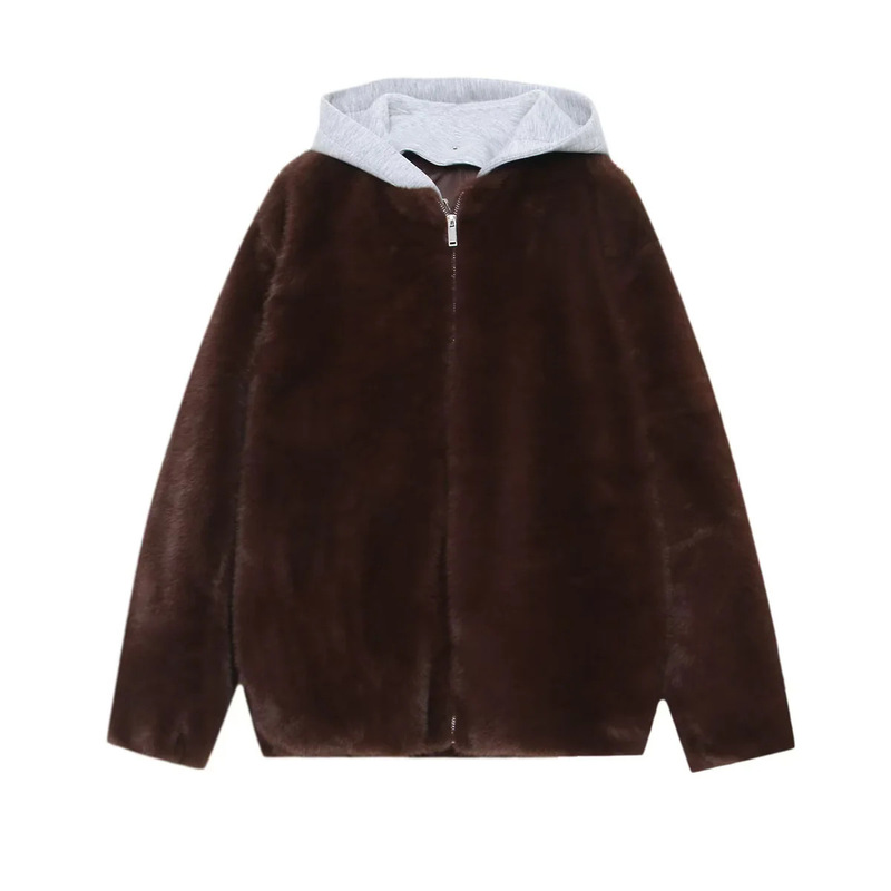 New Autumn and Winter Women's Clothing, Fake Two-Piece Spliced Faux Fur Effect Hooded Jacket for Women 8073334 700 New Autumn and Winter Women's Clothing, Fake Two-Piece Spliced Faux Fur Effect Hooded Jacket for Women 8073334 700