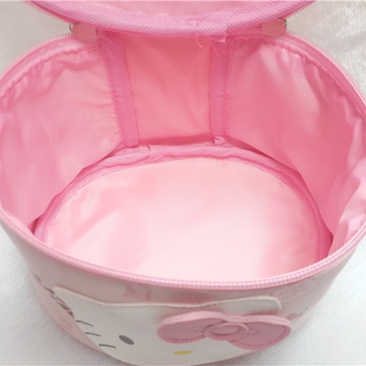 Linda bolsa de cosméticos de almacenamiento de barril de cuero PU con cara de gato en forma de dibujos animados para damas con lazo lindo