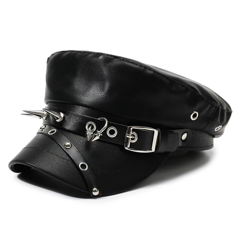 Unique dark punk style rivet PU leather beret for women, personalized for stylish girls, with leather buckle, retro street style octagonal hat, trendy Unique dark punk style rivet PU leather beret for women, personalized for stylish girls, with leather buckle, retro street style octagonal hat, trendy