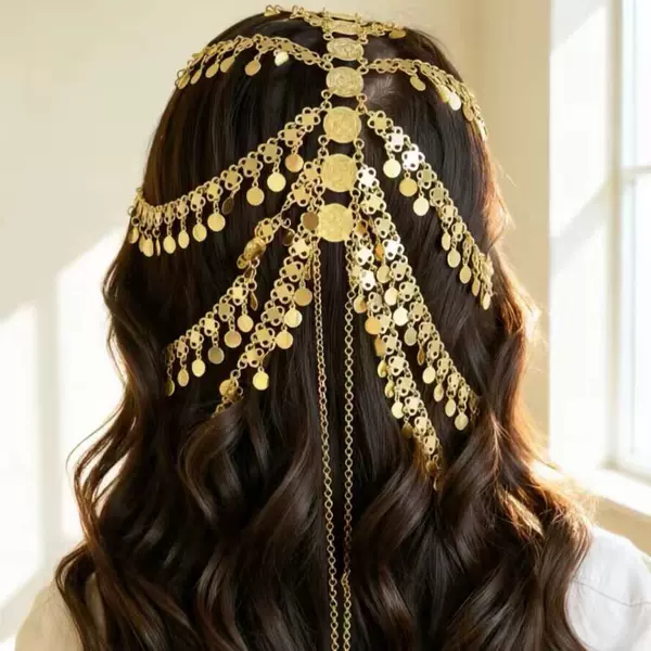 European and American style metal tassel hair chain, Bohemian coin sweet and cool hair accessory, personalized head chain for photoshoots and travel, wholesale