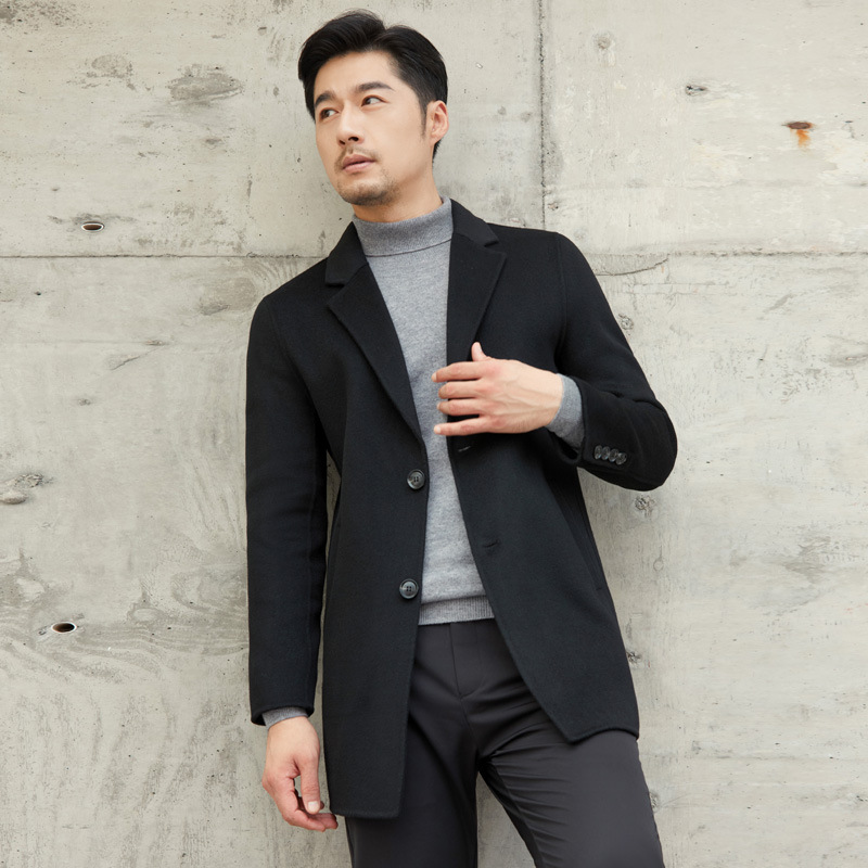 새로운 남자 코트 코트 모직 코트 양면 모직 코트 세트 칼라 울 코트 남자 중간 길이