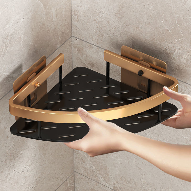 三角置物架浴室转角收纳免打孔黑金角架即贴即用壁挂式三脚架