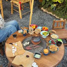 老榆木围炉煮茶桌实木小圆桌原木餐桌火锅桌家用茶几地桌火锅桌子