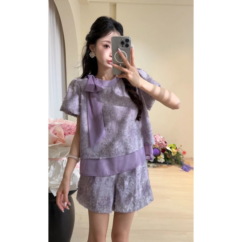 DD [風吹き花落] 女性用パープルソフトツーピーススーツヨーロッパ風夏服新しいニッチハイエンド|undefined