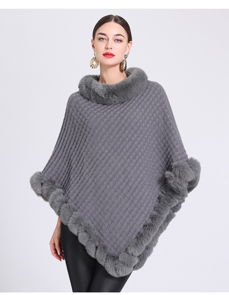 Pelzkragen Cape Cape Damen Strickpullover Pullover Cape Mantel_voghion.com