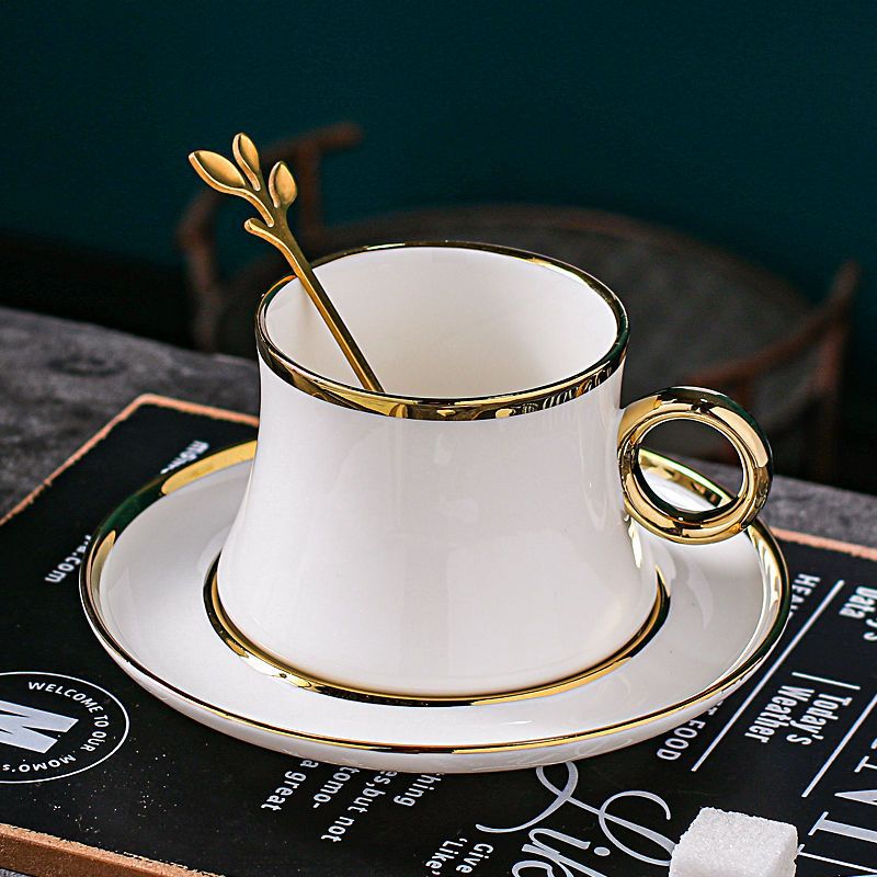 欧式小奢华咖啡杯精致陶瓷杯描金花茶杯碟套装简约带碟勺套杯