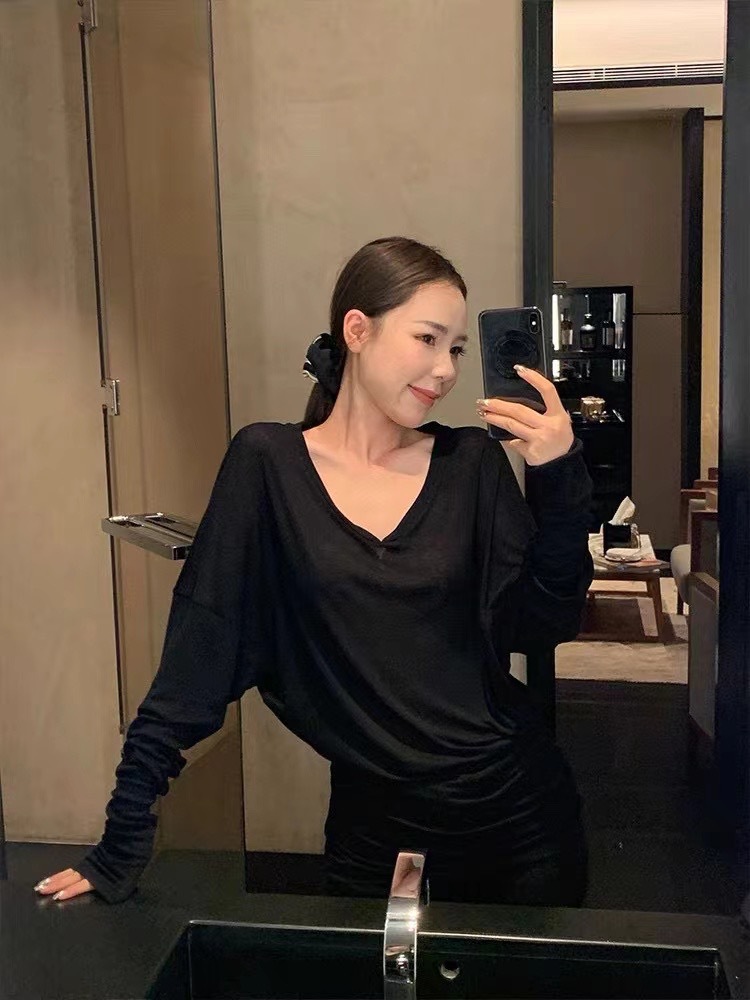 2024ss cuello en V manivela apilar sensación suelta 92% Tianyu Fine Model 8% Spandex mezcla camiseta de manga larga