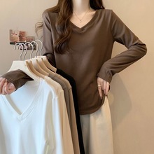 纯棉不规则v领长袖t恤女春秋内搭加厚打底衫胖mm遮肚显瘦套头上衣