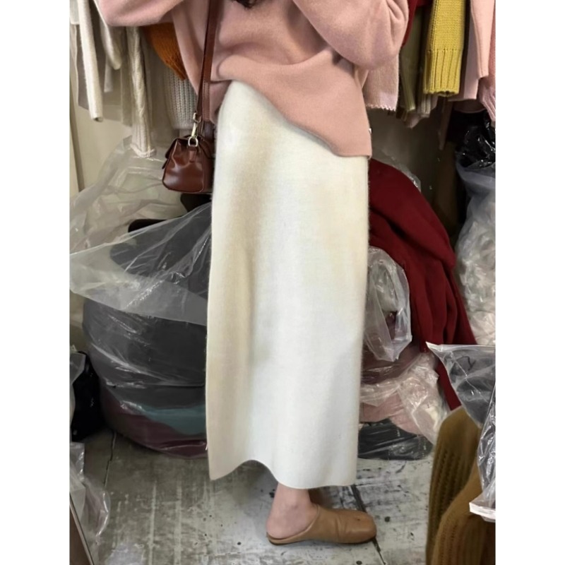 白色浣熊绒针织半身裙秋冬女小个子羊绒毛呢半裙加厚羊毛直筒长裙
