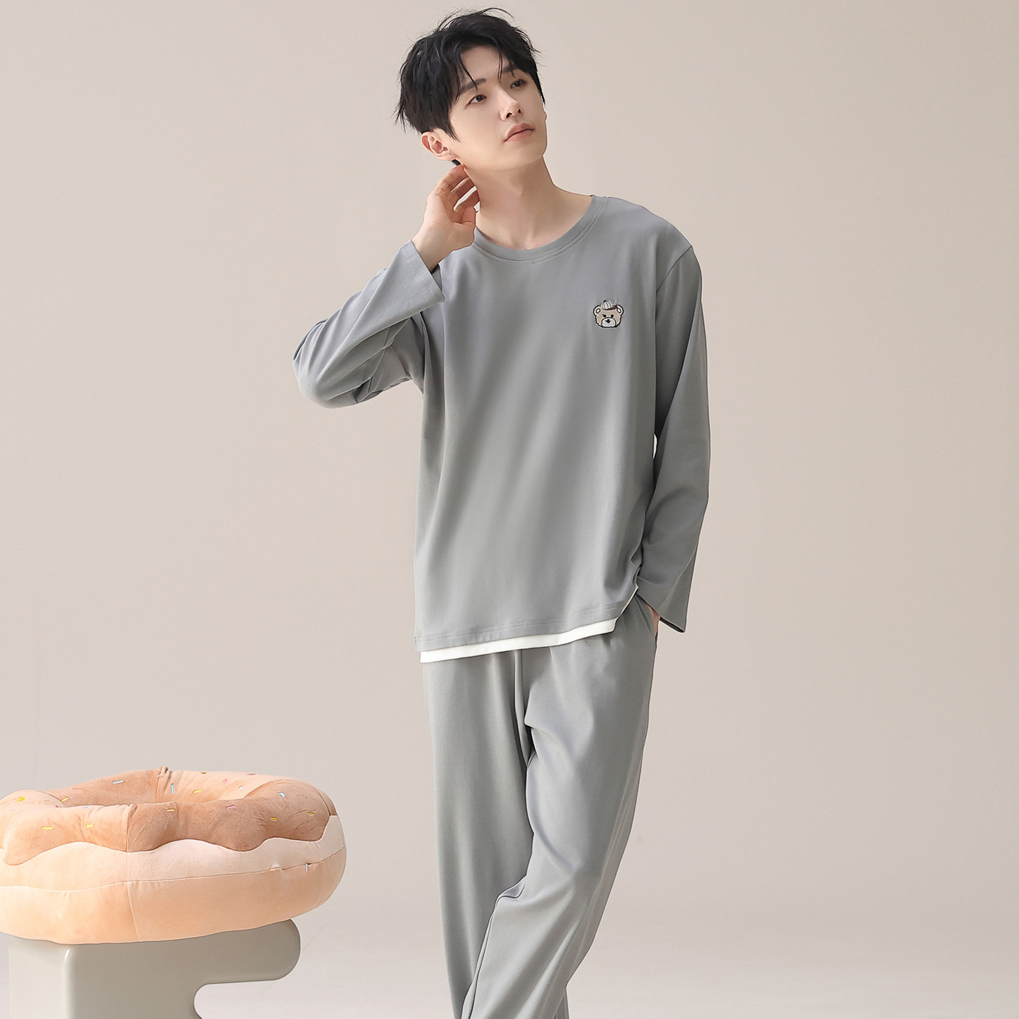 Men's Cotton Pajamas Long-Sleeved Pants Spring and Autum Home Wear Suit Youth Loose 2025 New Style Can Be Worn Outside in Winter