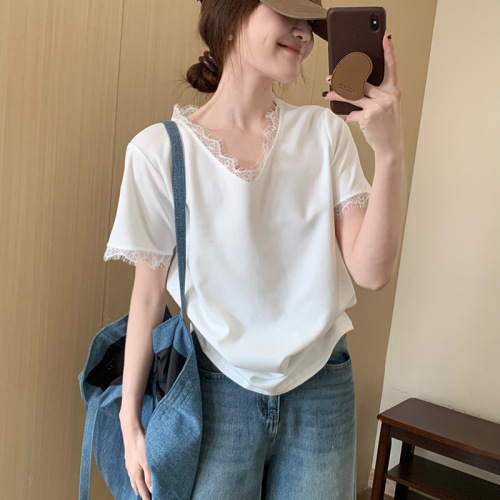 Small Size Lace Edge V-Neck Short-Sleeve T-Shirt for Women - Summer New Arrival Korean Style Design-Focused Loose and Versatile Solid Color Top