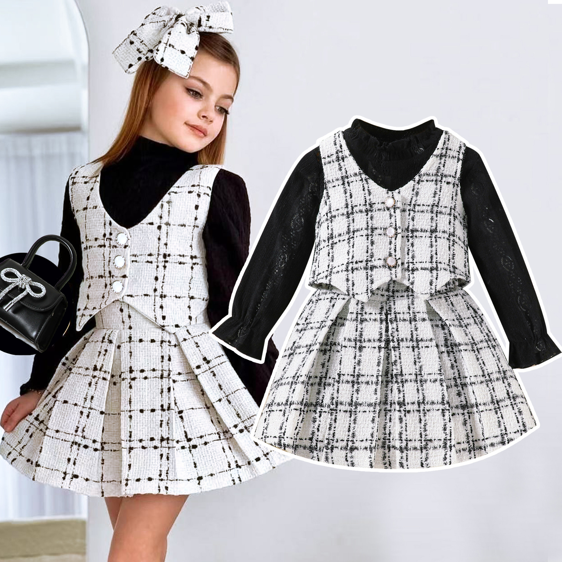Cross-Border European and American Spring & Fall Girls' Suits for Small and Medium-Sized Children Pure Color Lace Inner Wear + Vest Vest Pleated Skirt Three-Piece Set