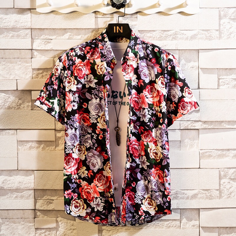 Vacation Style Outfit: Top with All-Over Rose Floral Print Design, Fashionable High-Street Trendy Brand Men's Loose Short-Sleeved Floral Shirt
